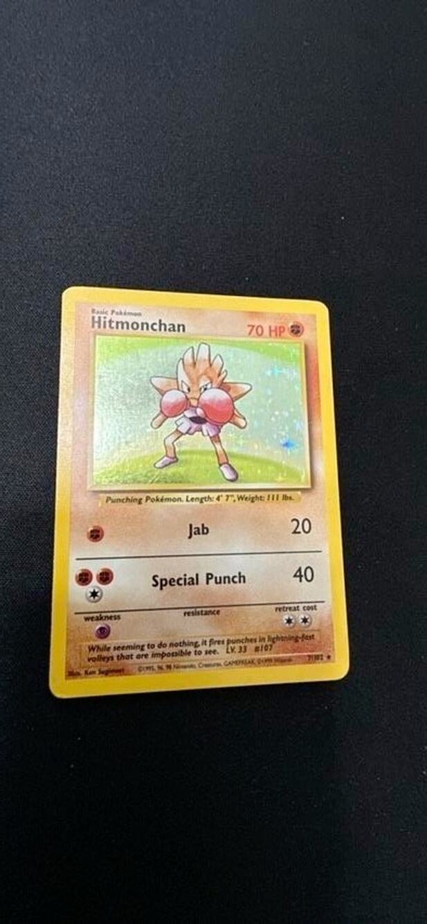 Pokemon Base Set Hitmonchan 7/102 Unlimited Holo MP 1999 WOTC Vintage Rare Card